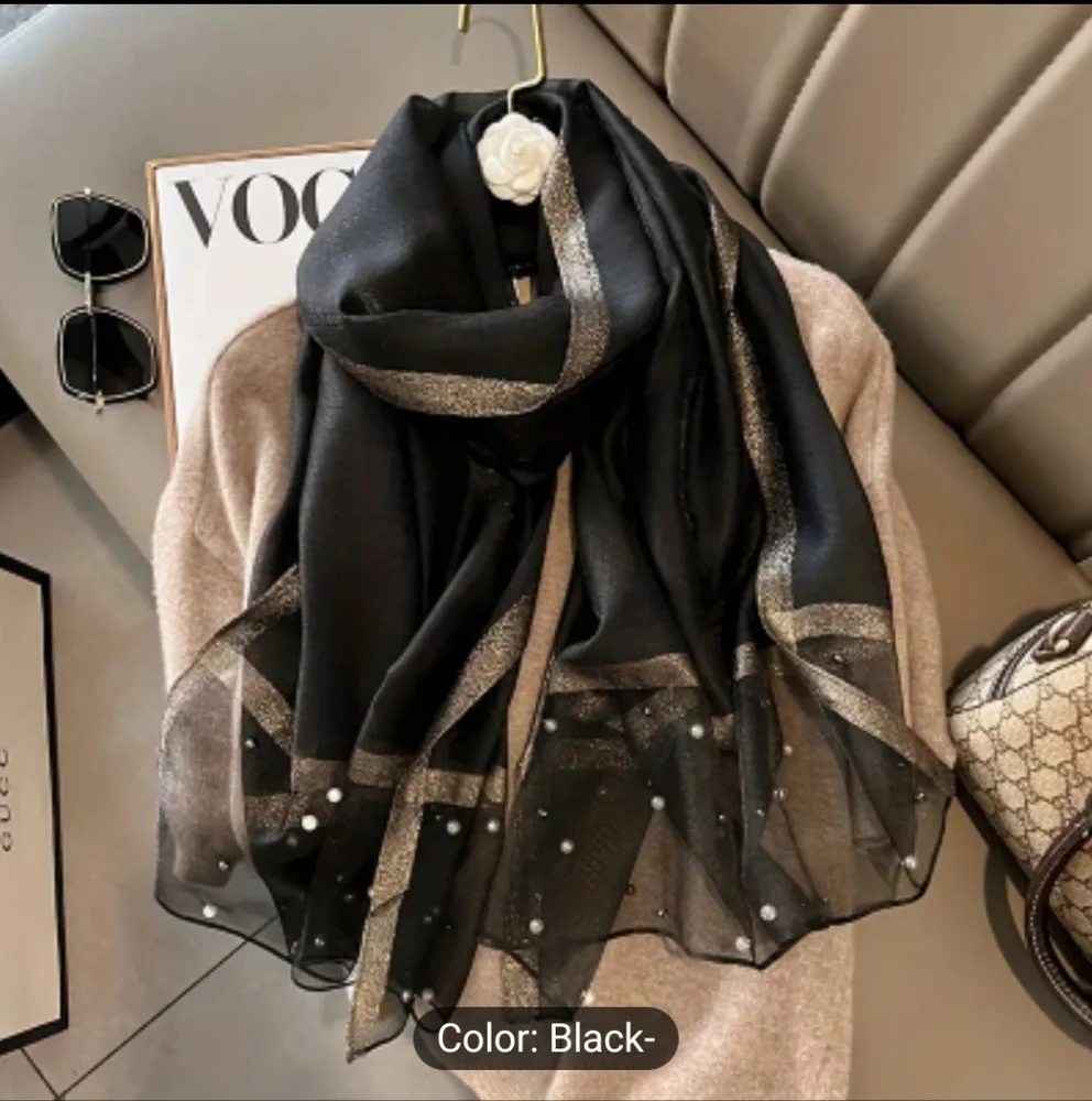 Scarf Elegant Black Pearl-Embellished with Gold Accent
